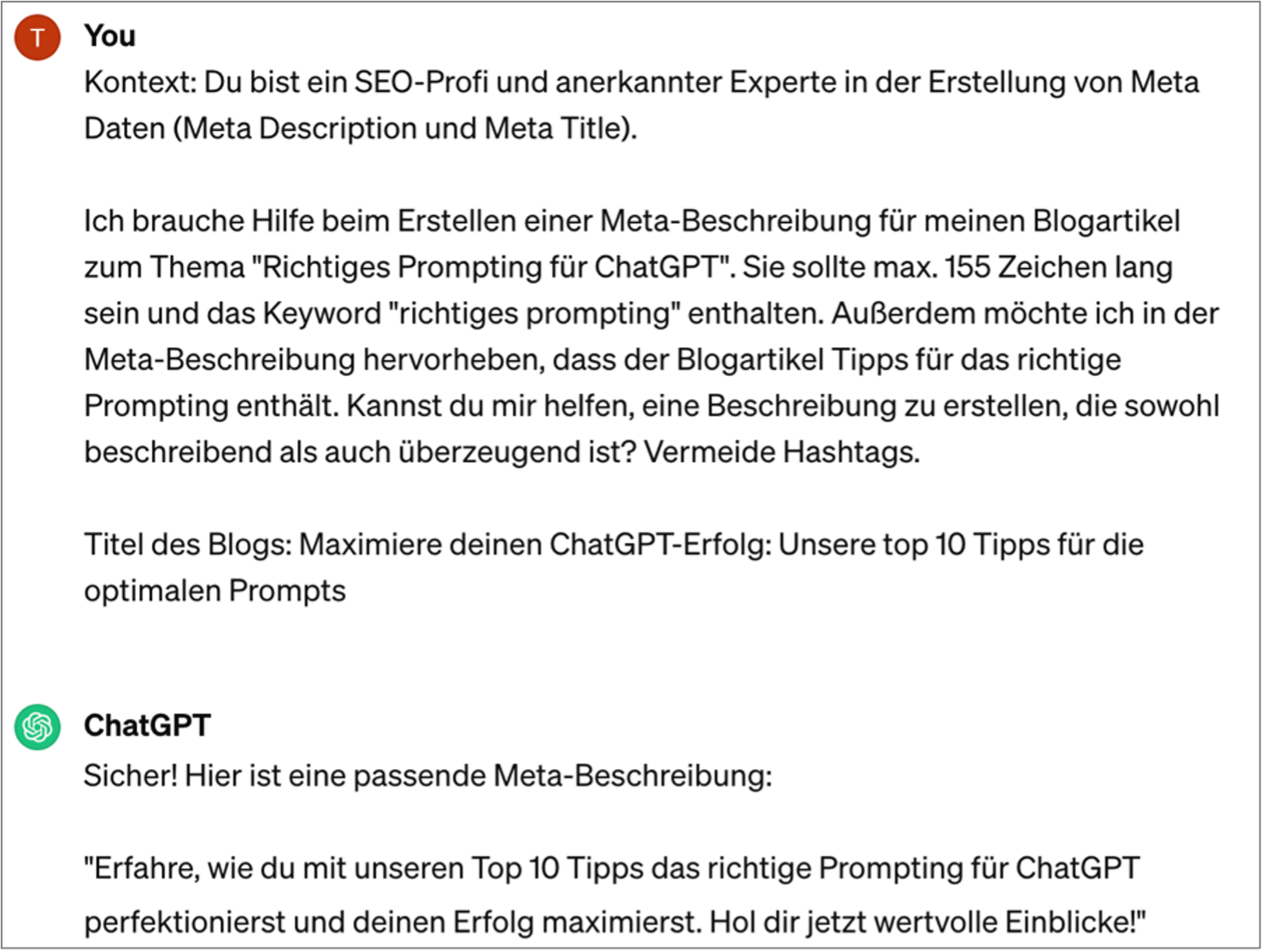 Screenshot - ChatGPT Prompt spezifisch "Meta-Description Erstellung"