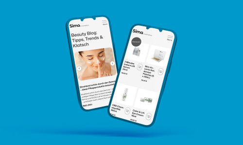 Zwei nebeneinander schwebende Smartphones die ausschnitte der Sima Cosmetics Website zeigen