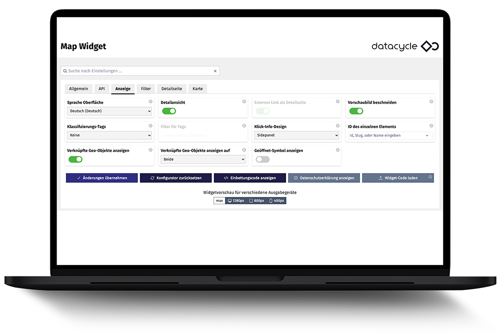 Map Widget im dataCycle Widget-Konfigurator Interface mit Einstellungen für Geo-Objekte und Filteroptionen.